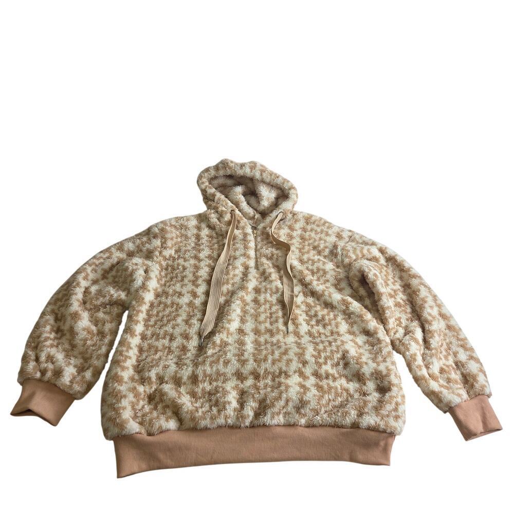Womens Sherpa Pullover Oversized Fuzzy Hoodie Fleece Sweatshirts Plaid XL